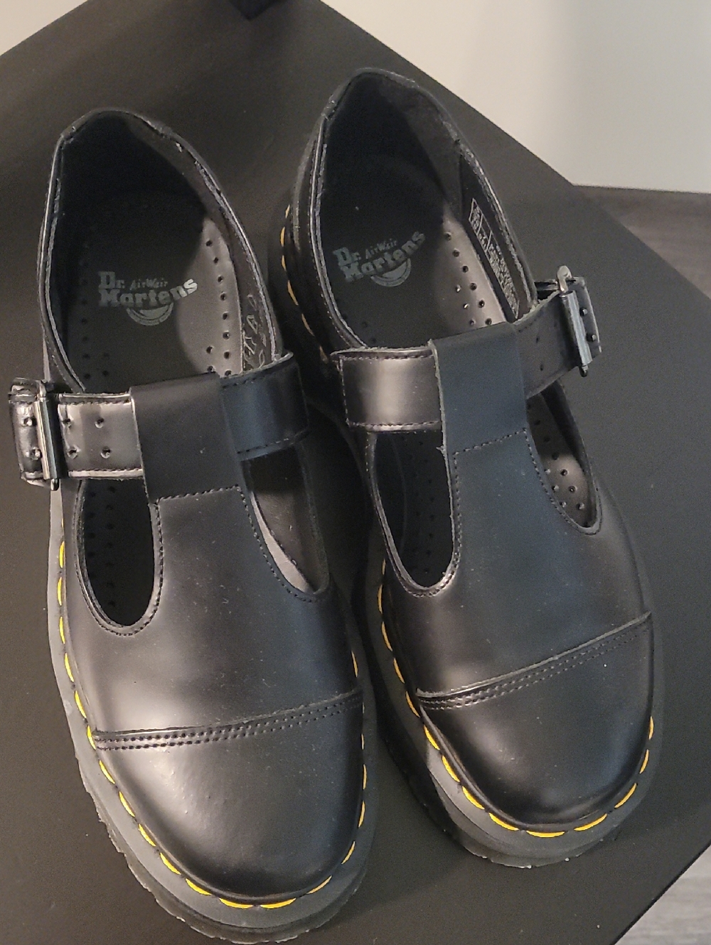 Dr. Martens Black Leather T-Bar Mary Jane Shoes with Yellow Stitching